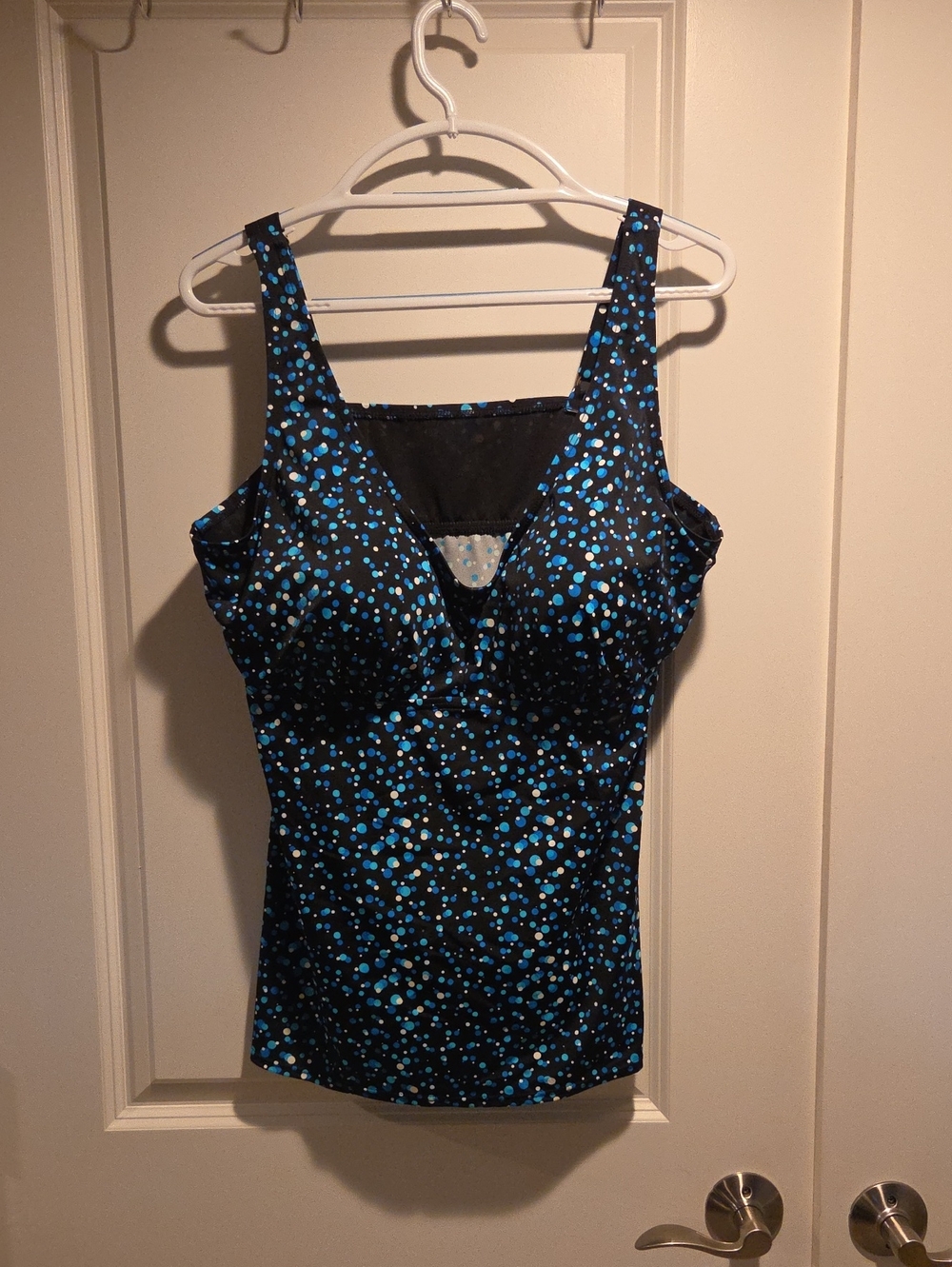 Black Tankini Top with Blue and White Dot Print
